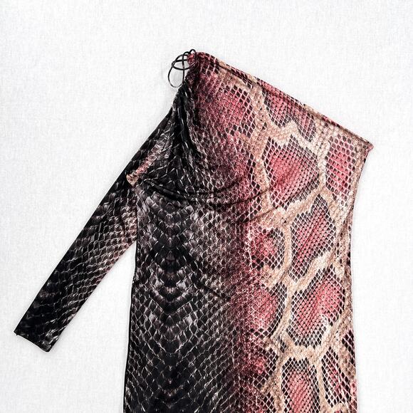 ROBERTO CAVALLI Python Printed One Sleeve Dress XL Pink Black Snake Asymmetric - Picture 5 of 13